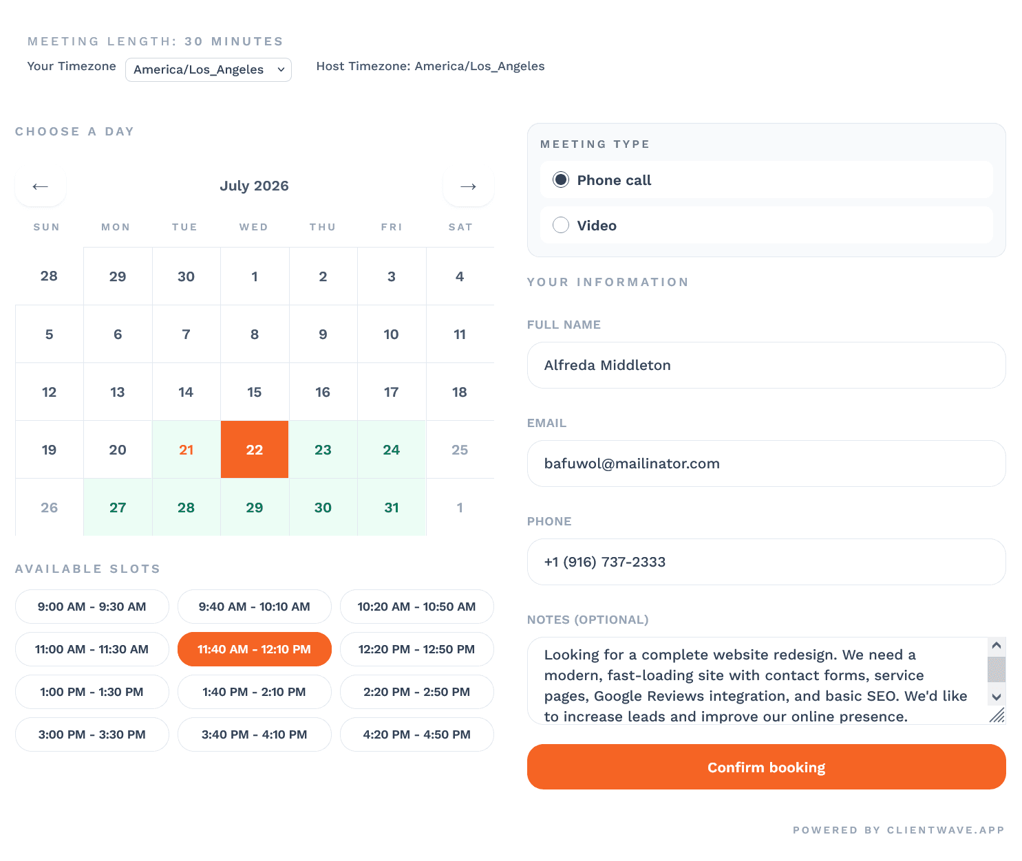 ClientWave public booking page with timezone-aware scheduling
